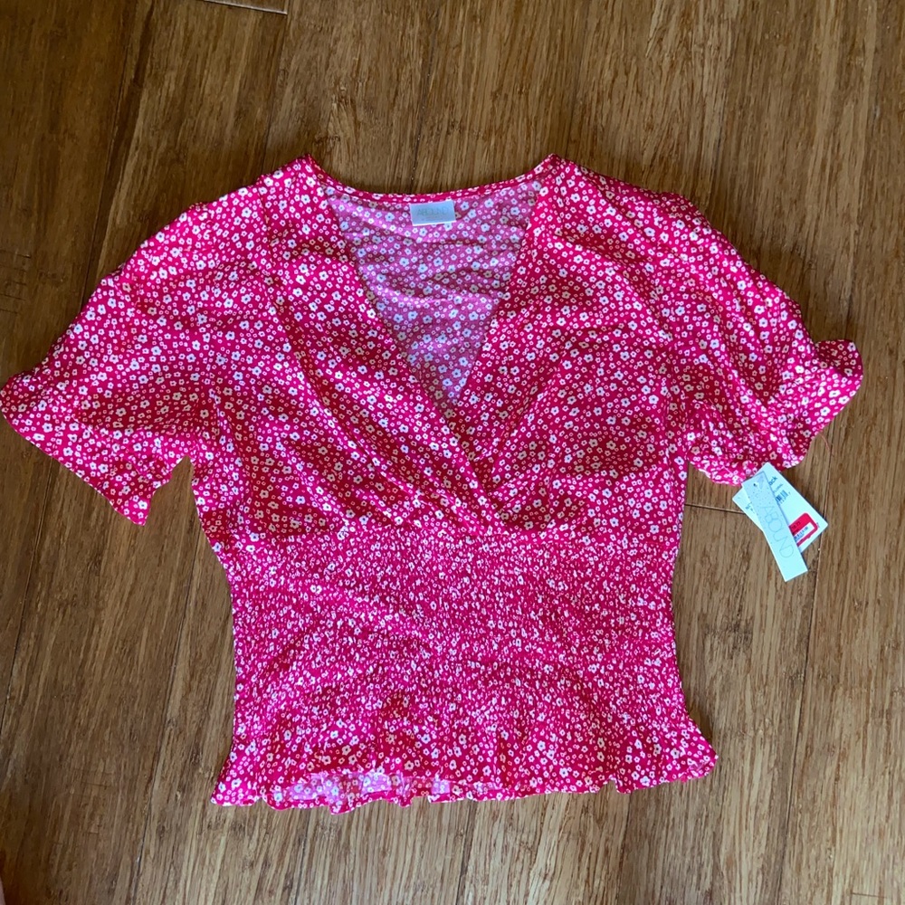 Abound Floral Short Sleeve Smocked Top